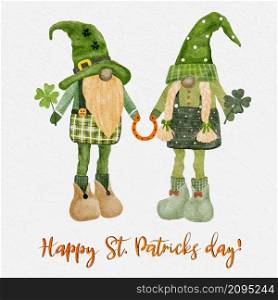 Set St. Patrick day leprechaun with four leaves clovers, Greeting card a gnomes with shamrock a luck symbols.Vector Watercolour green Scandinavian Dwarfs collection in Celtic, Irish style