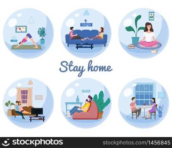 Set Stay home quarantine consept banners self isolation. Young couple and womens and men sitting at home. Set Stay home quarantine consept banners self isolation. Young couple and womens and men sitting at home drink tea coffee, practicing yoga, meditation, listen misic. Social media campaign and coronavirus covid 19 prevention epidemic. Vector isolated illustration