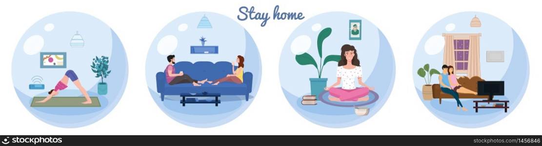 Set Stay home quarantine consept banners self isolation. Young couples and man and women sitting at home. Set Stay home quarantine consept banners self isolation. Young couples and man and women sitting at home drink tea coffee, meditation, watching TV movies. Social media campaign and coronavirus covid 19 prevention epidemic. Vector isolated illustration