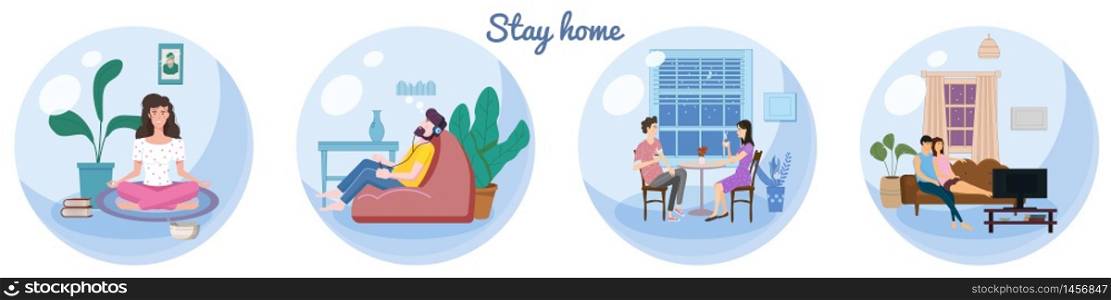 Set Stay home quarantine consept banners self isolation. Young couples and man and women sitting at home. Set Stay home quarantine consept banners self isolation. Young couples and man and women sitting at home drink tea coffee, listen misic, meditation, watching TV movies. Social media campaign and coronavirus covid 19 prevention epidemic. Vector isolated illustration