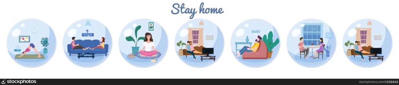 Set Stay home quarantine consept banners self isolation. Young couples and womens and men sitting at home. Set Stay home quarantine consept banners self isolation. Young couples and womens and men sitting at home drink tea coffee, practicing yoga, meditation, listen misic, watching TV movies. Social media campaign and coronavirus covid 19 prevention epidemic. Vector isolated illustration