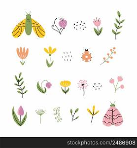 Set sticker with flower and butterfly. Cute doodle illustration. Spring and summer badge for designer postcard.