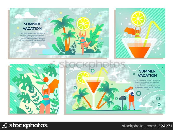 Set Sticker with Inscription Summer Vacation Flat. Girl on Tropical Island Holding Slice Lemon against Sky and Clouds. Woman is Going on Voyage. Luxury Resort Cruise to Tropics Cartoon.