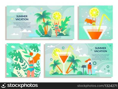 Set Sticker with Inscription Summer Vacation Flat. Girl on Tropical Island Holding Slice Lemon against Sky and Clouds. Woman is Going on Voyage. Luxury Resort Cruise to Tropics Cartoon.