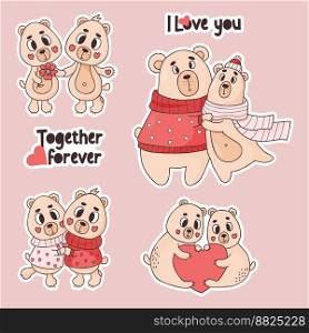 Set stickers cool teddy bear. Cute couple bears in love with heart and flower. Vector isolated funny animals for design, decor, printing, greeting cards, valentines