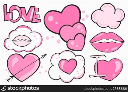Set stickers on theme of love. Hearts, clouds, word love, hot pink lips. Cute feminine stickers for design and guessing in feelings. Vector collection