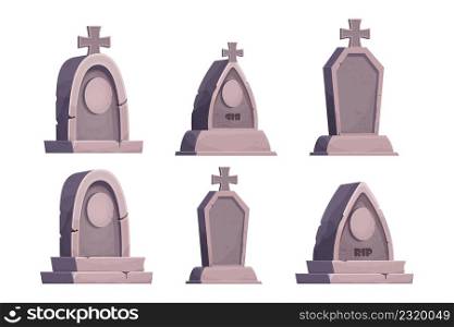 Set stone grave, memorial in cartoon style isolated on white background. Funeral, cemetery object. Afterlife monument. Vector illustration