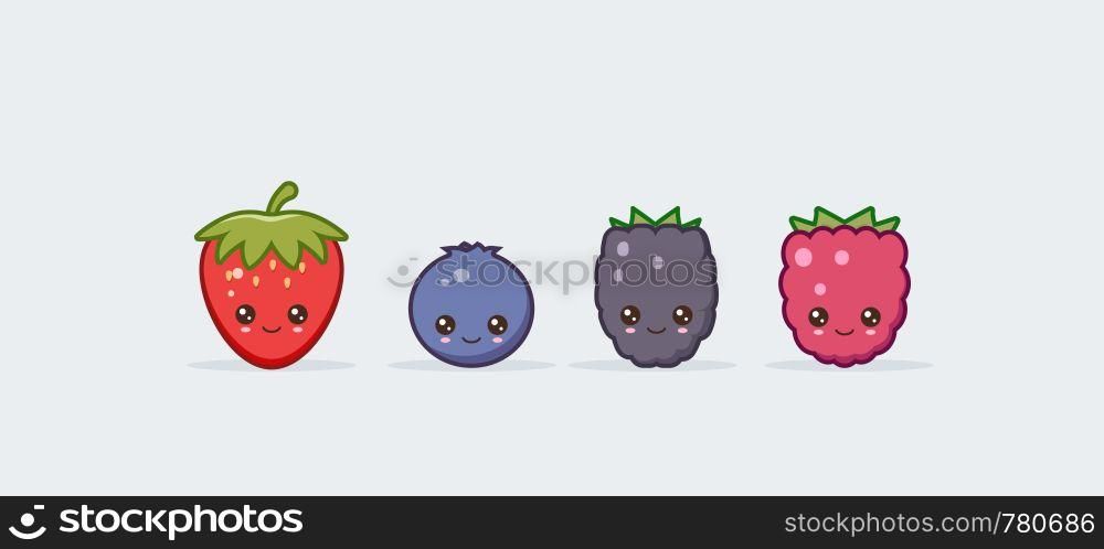 Set strawberries, blueberries, blackberries and raspberries. Cute kawaii smiling food. Vector illustration