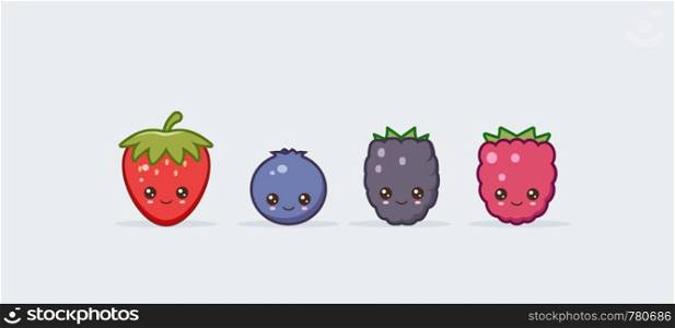Set strawberries, blueberries, blackberries and raspberries. Cute kawaii smiling food. Vector illustration