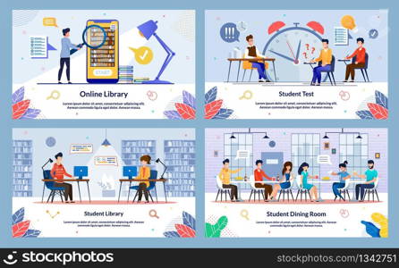 Set Student Dining Room, Online Library, Slide. Vector Illustration Student Library, Student Test, Cartoon. Guy Poorly Prepared and Experiencing Stress. Student Well Prepared and Happy.