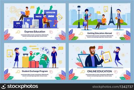 Set Student Exchange Program, Vector Illustration. Online Education, Getting Education Abroad, Express Education. Guy and Girl Stand Street European City against Background Historical Landmark.