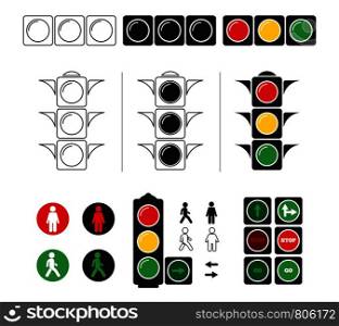 Set stylized illustrations of traffic light with symbols. Vector stoplight for transportation on road, warning signal. Set stylized illustrations of traffic light with symbols