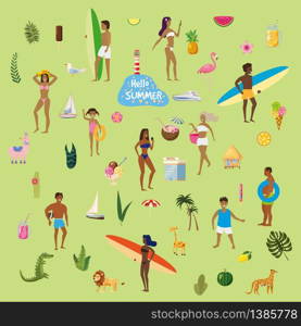 Set Summer vacation. A lot of people at beach or seashore relaxing and performing summer outdoor activities at beach. Set Summer vacation. A lot of people at beach or seashore relaxing and performing summer outdoor activities at beach - sunbathing, walking, carrying surfboard, swimming in sea, ocean. Ice cream, drinks, exotic plants and animals, boats. Trend flat cartoon style, vector, isolated