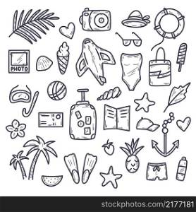 Set summer vacation doodle style icons. Hand drawn travel and vacation collection. Sketch palm tree, bikini, photo camera and tropical holiday attributes. Vector illustration. Set summer vacation doodle style icons