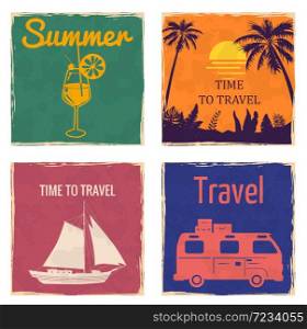 Set Sunset Seaside Sailboat Van Camper Cocktail vintage cards poster. Set Sunset Seaside Sailboat Van Camper Cocktail vintage cards poster. Textured grunge effect retro card with text Time To Travel Summer Vector illustration silhouette isolated