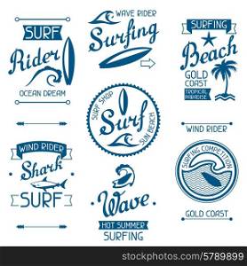 Set surfing labels and emblems on a white background.. Set surfing labels and emblems on a white background