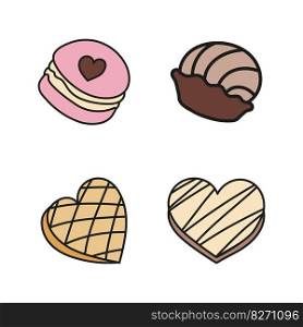 Set sweets candies with heart. Vector illustration doodle style. Macaroon, cake, chocolate candy. Hand drawn illustration for sticker pack, cover, postcards, print, social media, icon, scrapbooking.. Set sweets candies with heart. Vector illustration doodle style. Macaroon, cake, chocolate candy.