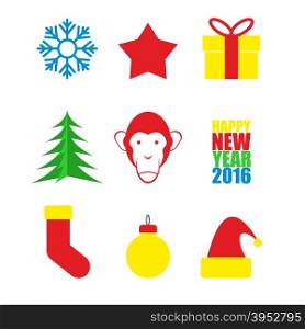 Set Symbols of new year. Christmas tree and monkey. Snowflake and star. Hat of Santa Claus and Christmas tree toy. happy new year 2016. Vector illustration. Web icons.&#xA;