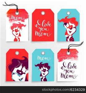 Set tag banners of mother silhouette with her baby Watercolor paint lettering calligraphy. Cards of Happy Mothers Day. Vector illustration with beautiful woman and child