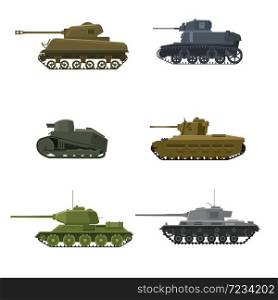 Set Tank American German Britain Soviet French World War 2. Set Tank American German Britain Soviet French World War 2. Military army machine war, weapon, battle symbol silhouette side view icon. Vector illustration isolated