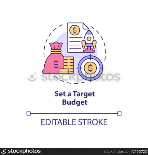 Set target budget concept icon. Expenditure and income. Startup budgeting abstract idea thin line illustration. Isolated outline drawing. Editable stroke. Roboto-Medium, Myriad Pro-Bold fonts used. Set target budget concept icon