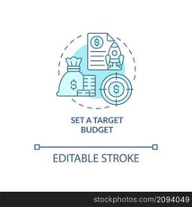 Set target budget turquoise concept icon. Startup budgeting abstract idea thin line illustration. Isolated outline drawing. Editable stroke. Roboto-Medium, Myriad Pro-Bold fonts used. Set target budget turquoise concept icon