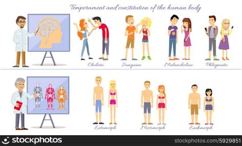 Set temperament of people and constitution of body. Sanguine and choleric, phlegmatic and melancholic, constitution mesomorph and ectomorph, endomorph human illustration