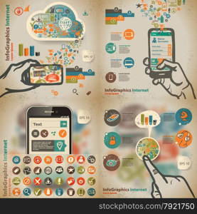 set Template for infographic with content in the cloud and devices in vintage style