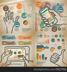 set Template for infographic with content in the cloud and devices in vintage style