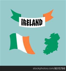 Set template for Ireland. Map of Ireland. Ribbon with Celtic Gothic font. Evolving state of Irish flag&#xA;