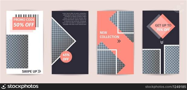 Set Template Promo Code Discount Special Offers for Social Networks Mobile Application Media Flat Vector Illustration New Collection Get Up to 50 and 75 Percent Off with Transparent Places. Set Template Promo Code Discount Special Offers