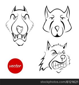 Set the dog&apos;s muzzle, wolf isolated on white background. Cartoon. Beware the evil dog! Vector illustration.