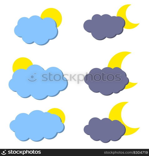 Set the weather. Cloud with sun and moon. Meteorology. Seasons and nature. Atmospheric phenomenon. Cartoon flat icon. Set the weather. Cloud with sun