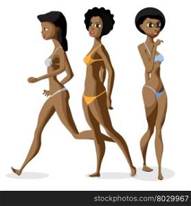 Set three afro black women dressed in swimsuit is standing. Isolated flat cartoon illustration. The comic girls on the beach in bikini.