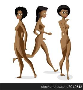 Set three afro black women nudist is standing. Isolated flat cartoon illustration. The comic girls on the beach naked