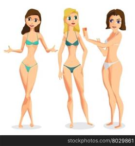 Set three women dressed in swimsuit is standing sunbath. Isolated flat cartoon illustration. The comic girls on the beach in bikini.