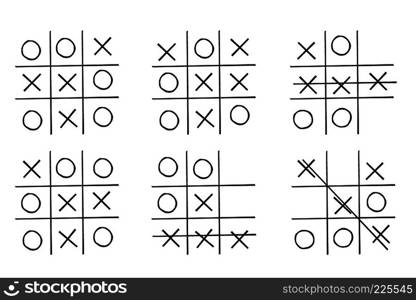 Set- tic tac toe game,isolated on white background, hand drawn vector illustration. Set- tic tac toe game,isolated on white background