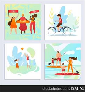 Set Time for Summer, Holidays with Family Cartoon. Men and Women Chant Slogans. Guy Rides Bicycle. Father and Daughter Playing Ball. Parents with Children Rowing on Board with Paddle Across Pond.