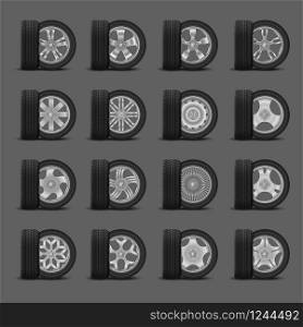 Set tire and car wheels realistic icons pack