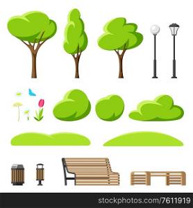 Set to create beautiful summer or spring city park. Urban public space with benches, lanterns and nature.. Set to create beautiful summer or spring city park.