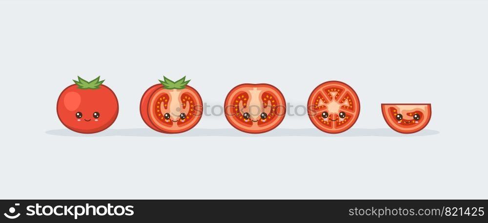 Set tomato. Cute kawaii smiling food. Vector illustration