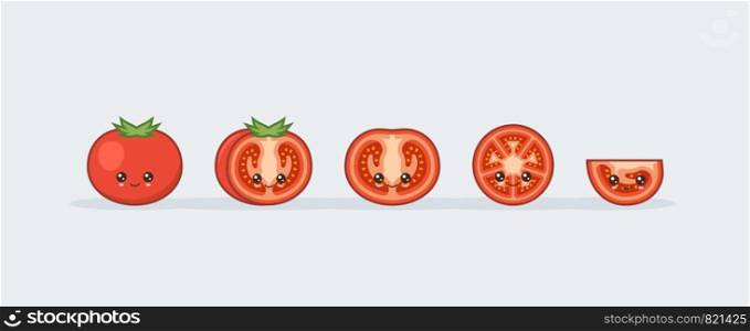 Set tomato. Cute kawaii smiling food. Vector illustration