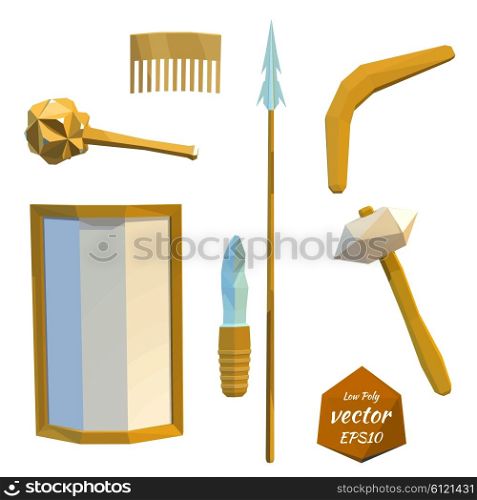 Set tools of prehistoric man: spear, hammer, mace, shield, knife, isolated on white &#xA;background. Vector illustration.