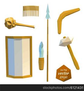 Set tools of prehistoric man: spear, hammer, mace, shield, knife, isolated on white &#xA;background. Vector illustration.