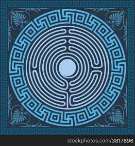 set Traditional vintage blue square and round Greek ornament (Meander), labyrinth and floral pattern