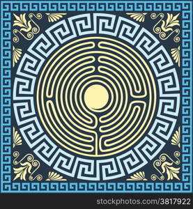 set Traditional vintage golden and blue square and round Greek ornament (Meander), labyrinth and floral pattern