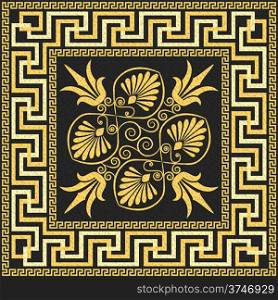 set Traditional vintage golden square Greek ornament (Meander) and floral pattern on a black background