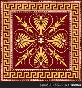 set Traditional vintage golden square Greek ornament (Meander) and floral pattern on a black background
