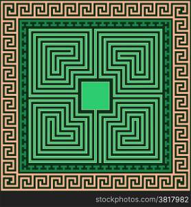 set Traditional vintage square Greek ornament (Meander) and labyrinth on a black background