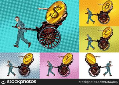 Set transfer cryptocurrency, bitcoin dollar and other money. Rickshaw shipping Finance. Pop art retro vector illustration. Set transfer cryptocurrency, bitcoin dollar and other money